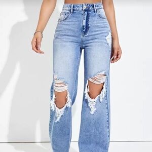 Abercrombie & Fitch Light Blue Distressed Wide-Leg Jeans